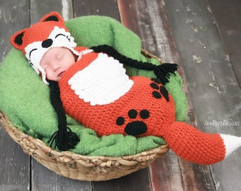 Crochet Fox Hat and Cocoon Pattern – Newborn Photo Prop, Baby Sleeping Bag (PDF)