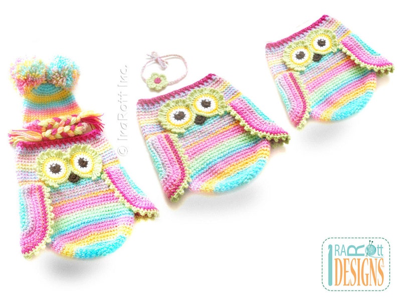 CROCHET PATTERN Ava the Owl Baby Hat Sleeping Bag and Headband image 5