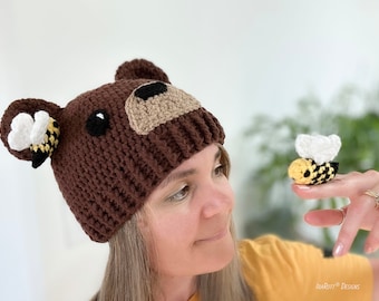 Bear Hat Crochet Pattern PDF – Animal Beanie with Bumblebee, Baby to Adult Sizes