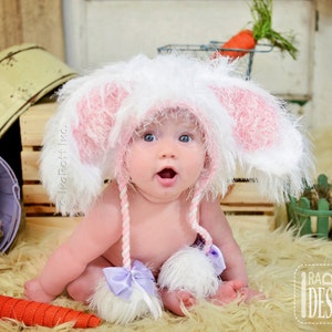 CROCHET PATTERN Fluffy the Bunny Bonnet Hat with Furry PomPoms image 3