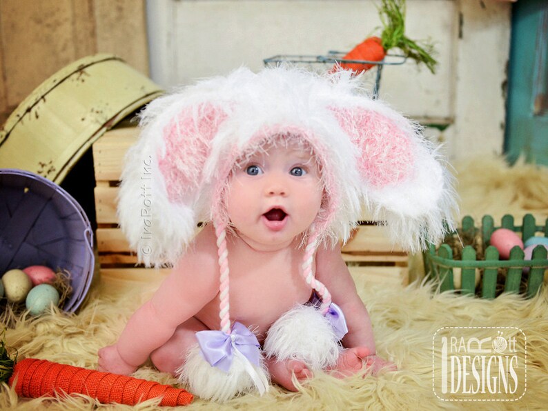 CROCHET PATTERN Fluffy the Bunny Bonnet Hat with Furry PomPoms image 3
