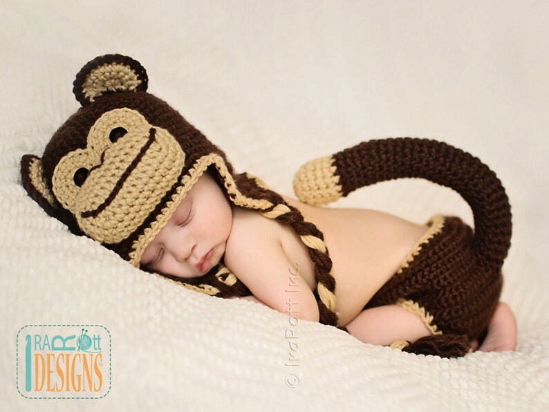 CROCHET PATTERN Chip the Chimpanzee Monkey Baby Hat and Diaper Cover Set image 4