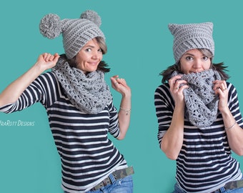 CROCHET PATTERN Yarn Amy Square Hat with Pom-Poms and Tassels