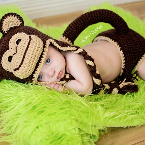 CROCHET PATTERN Chip the Chimpanzee Monkey Baby Hat and Diaper Cover Set