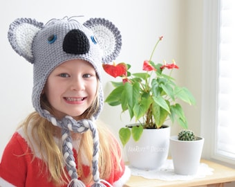Koala Hat Crochet Pattern – Animal Earflap Hat, Baby to Adult Sizes (PDF)
