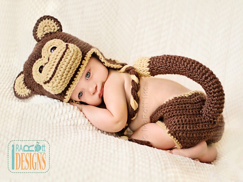 CROCHET PATTERN Chip the Chimpanzee Monkey Baby Hat and Diaper Cover Set image 3