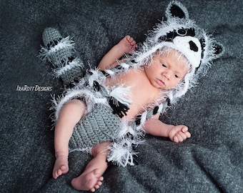 CROCHET PATTERN Rocky the Raccoon Baby Hat and Diaper Cover