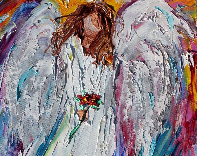 Featured listing image: Angel painting, spiritual art, original oil, palette knife impressionism on canvas fine art by Karen Tarlton