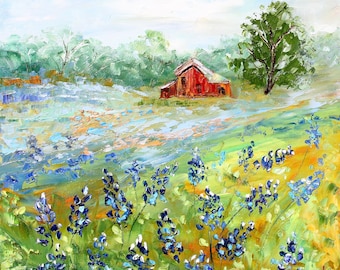 ACEO Original Watercolor Painting-Texas Bluebonnets in Foggy Day and Red BarnATC Landscape Flower Field