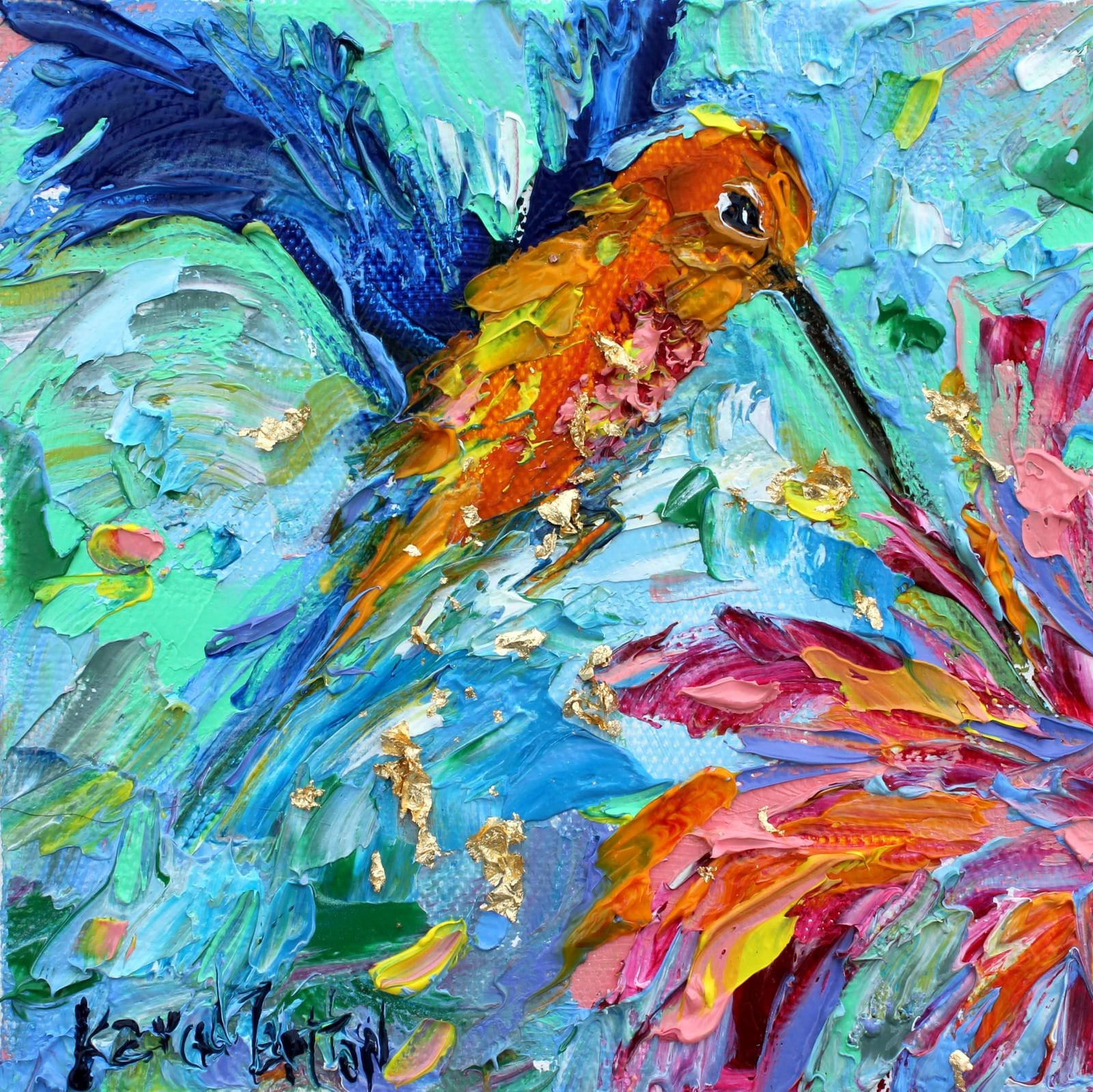 Hummingbird painting, original oil, bird art, palette knife oil fine