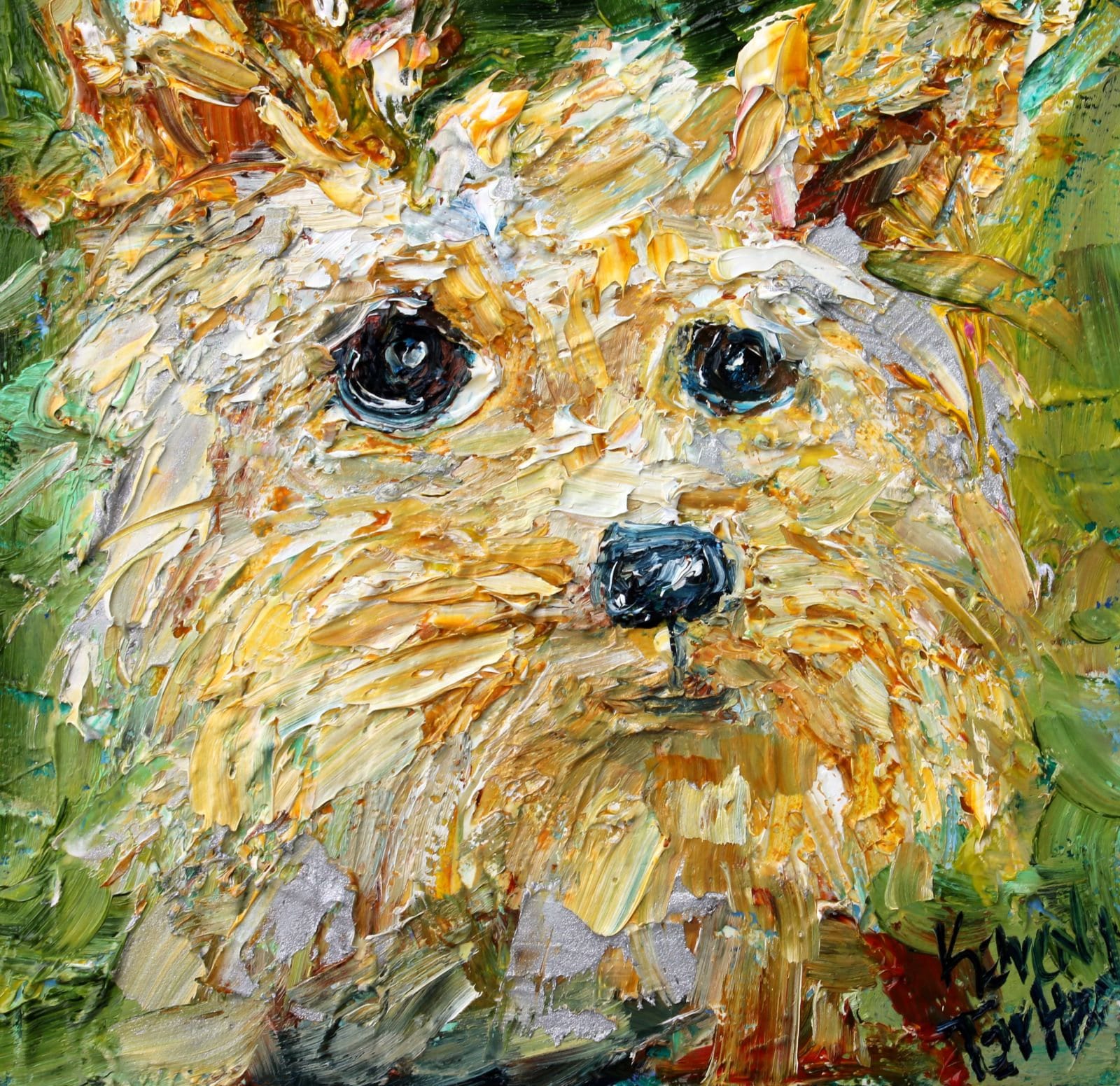 Dog painting, pet art, original oil palette knife impressionism on
