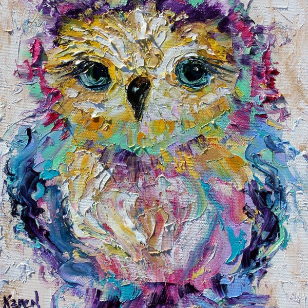 Owl Chouette print on canvas, owl whimsy bird art,  made from image of past painting by Karen Tarlton fine art