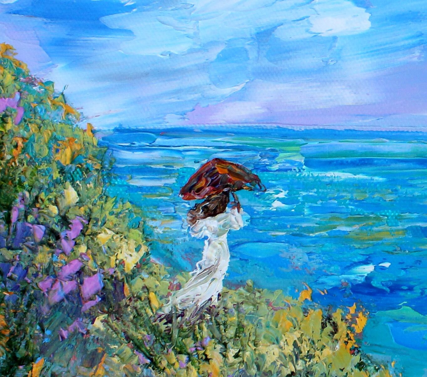 Woman Beach painting original oil 12x12 abstract palette knife