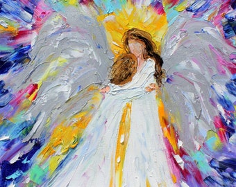 Angels print, heavenly hugs, made on watercolor paper from image of past painting by Karen Tarlton fine art impressionism