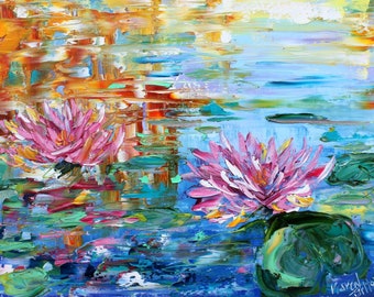 Water lily print on watercolor paper, pond and flowers art made from image of past painting by Karen Tarlton