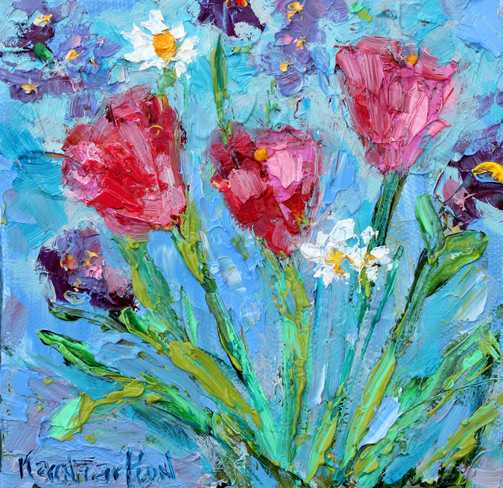 Tulips and daisies painting, flower art, original oil palette knife ...