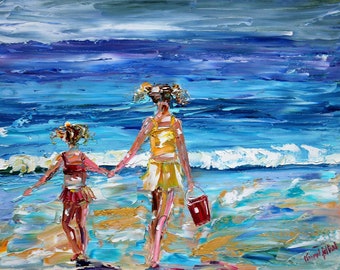 Fine art Print Beach Babes from past oil painting by Karen Tarlton - impressionistic palette knife art