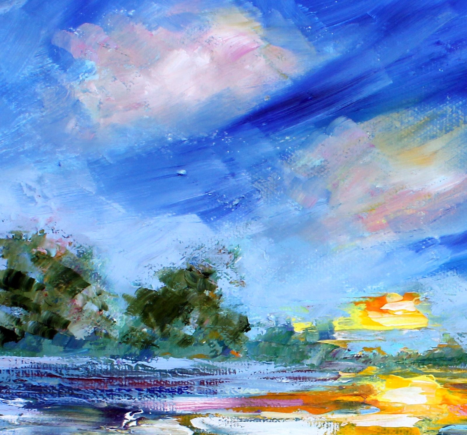 Sunset Painting Water Original Oil Palette Knife Impressionism On