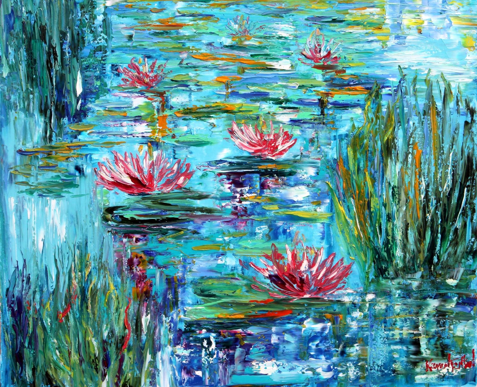 Water Lily pond painting, original landscape art, impressionism palette knife in oil by Karen