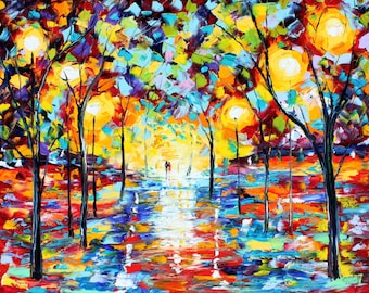 May include: A colorful abstract painting of a path through a forest with trees on either side. The path is illuminated by a bright light, and the trees are painted in shades of blue, green, yellow, and red. The painting has a whimsical and dreamlike quality.