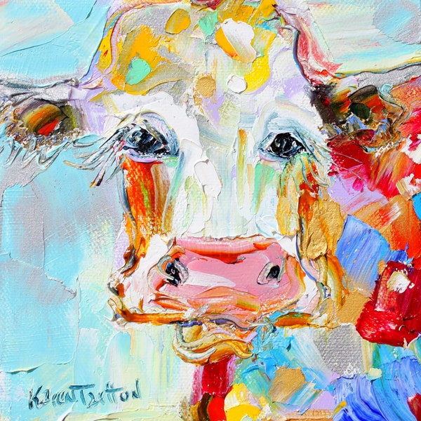 Original oil painting Longhorn portrait palette knife cow farm animal impressionism on canvas fine art by Karen Tarlton