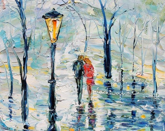 Winter couple print, romance art, made from image of past painting printed on watercolor paper by Karen Tarlton fine art impressionism