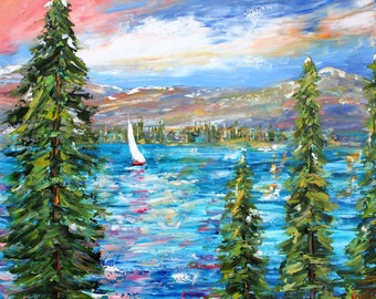 Lake Tahoe, Lake print on canvas, Sunset Lake art, made from image of past painting by Karen Tarlton fine art