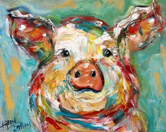 Pig print on canvas, farm art, hog print, made from image of past painting by Karen Tarlton fine art