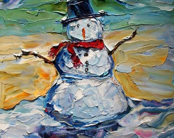 Snowman print, winter print, Christmas print, made from image of past oil painting by Karen Tarlton - impressionistic whimsical art