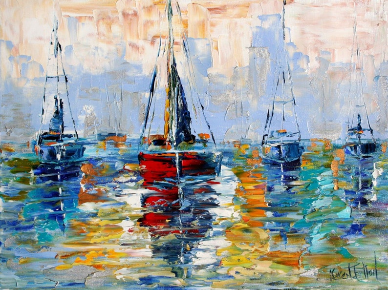 Boat Print on watercolor paper, nautical art, made from image of past oil painting by Karen Tarlton Harbor Boats Sunrise image 1
