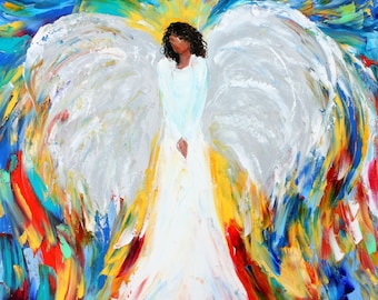 Black Angel Print on canvas, african american angels art, made from image of past painting by Karen Tarlton fine art