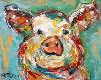 Pig print on watercolor paper made from image of past painting by Karen Tarlton