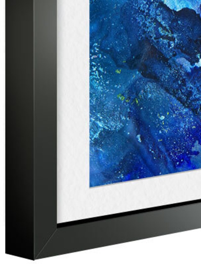 May include: A framed abstract painting with a blue and green color scheme. The painting is framed in a black frame.