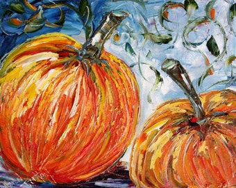 Pumpkin print, autumn print, Fine art Print Fall on watercolor paper made from image of painting by Karen Tarlton - impressionistim