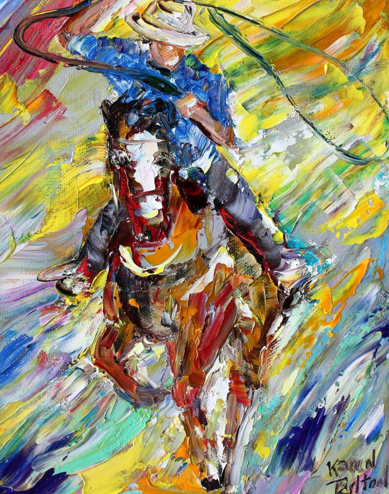 May include: A colorful abstract painting of a cowboy riding a horse. The cowboy is wearing a blue shirt and a hat. The horse is brown and white with a red mane. The background is a mix of yellow, blue, and green.