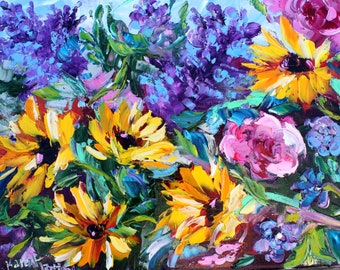 Sunflowers and flowers print on canvas, made from image of past painting by Karen Tarlton fine art