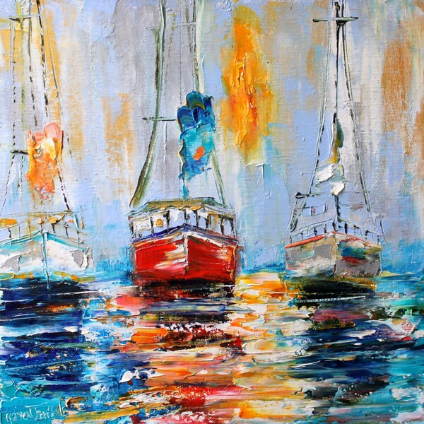 Original oil painting Harbor Boats Sunrise palette knife impressionism on canvas fine art by Karen Tarlton