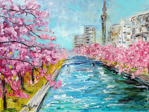 Japan Art, Cherry Blossoms Print, Tokyo River From Past