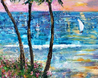 Ölgemälde Sonnenuntergang Ozean: Palmen, Segeln, Impasto Fine Art