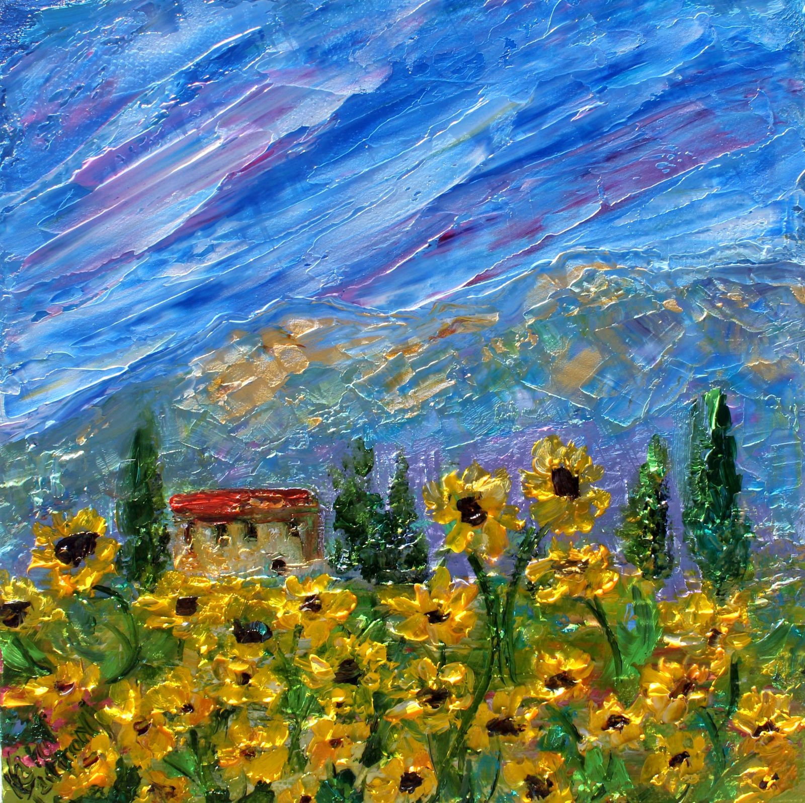 Sunflower landscape painting, sunflower art, original oil, abstract