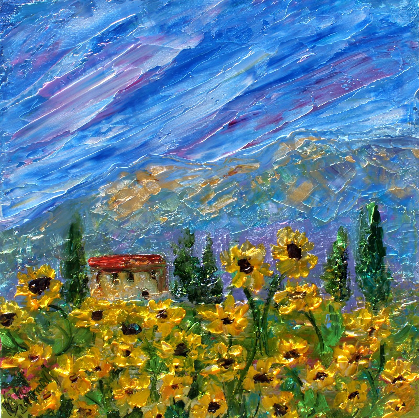 Sunflower Landscape Painting Sunflower Art Original Oil Abstract