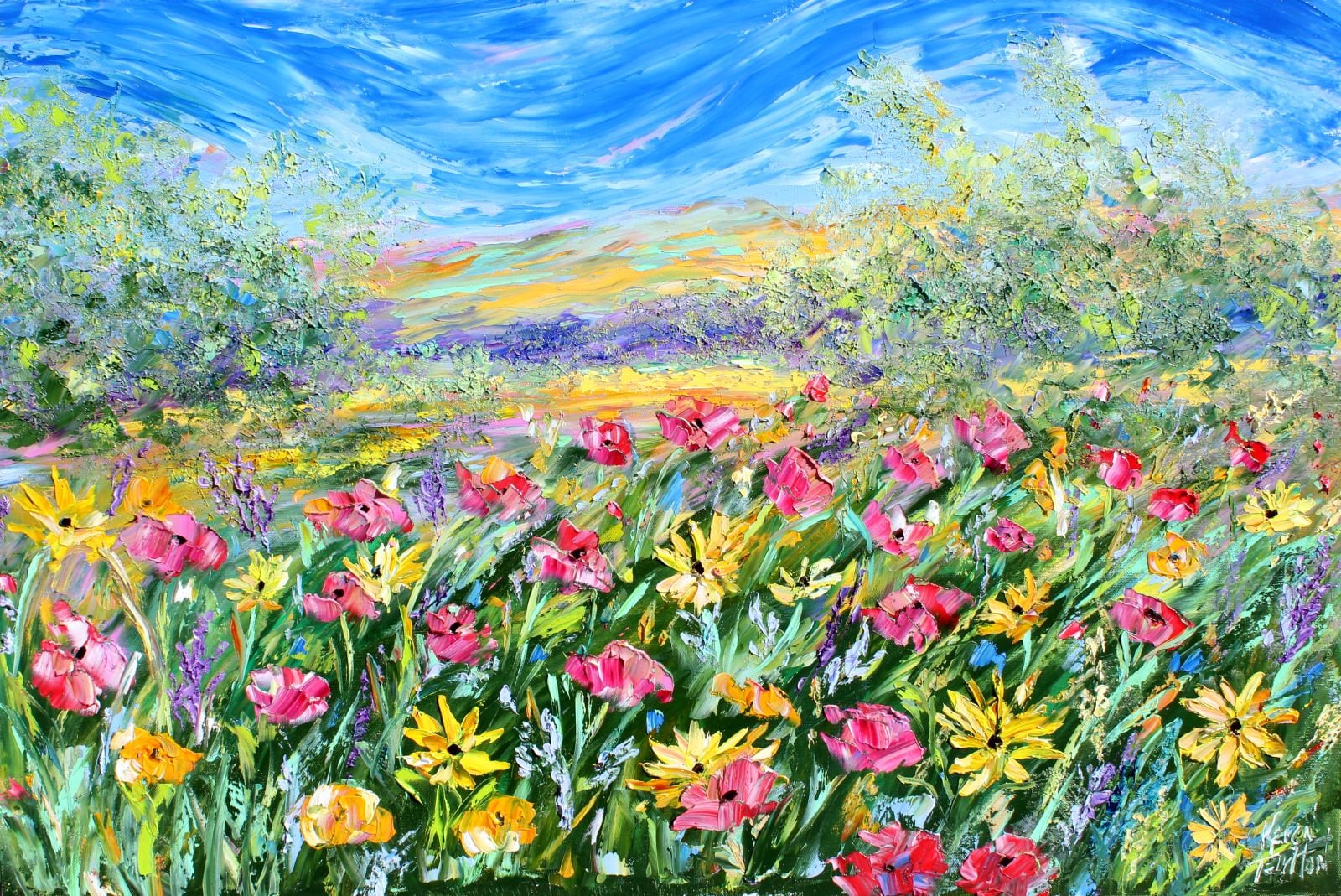 Wildflower field painting Original oil palette knife impressionism on