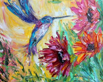 Hummingbird garden print, Hummingbird canvas print, made from image of past palette knife oil painting by Karen Tarlton