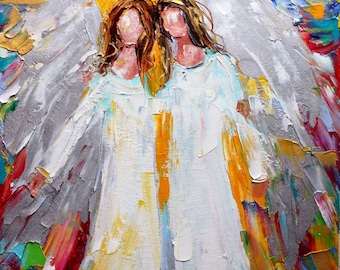 May include: A painting of two angels with white wings and white robes. The angels are standing back to back with their heads tilted towards each other. The background is a colorful abstract design with shades of yellow, orange, red, blue, and green.
