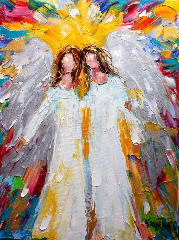 Angel Besties Watercolor Paper Print: Impressionistic Angels Wall