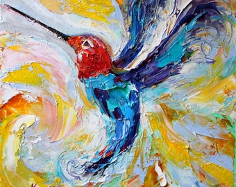 Hummingbird print, Hummingbird canvas giclee print, made from image of original palette knife oil painting by Karen Tarlton