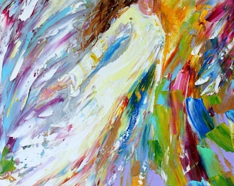 May include: Abstract painting of an angel with white wings and a white dress, with a colorful background of yellow, blue, green, and purple.