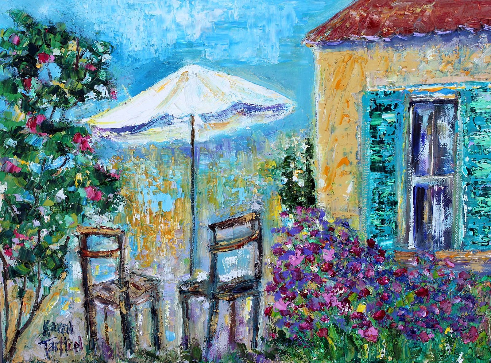 Garden painting, Summer landscape original oil, on canvas palette knife