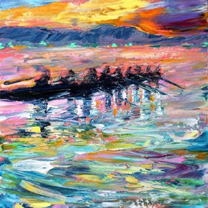 Crew Team print, sunset Rowing smooth print on canvas, made from image of past painting by Karen Tarlton fine art