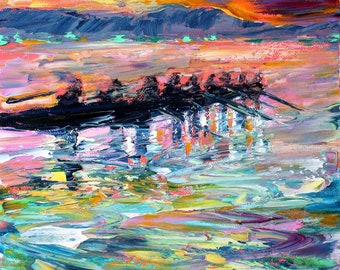 Crew Team print, sunset Rowing smooth print on canvas, made from image of past painting by Karen Tarlton fine art